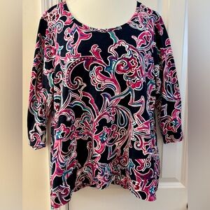 Chico's 3 XL Blouse Pink Navy White Paisley scoop neck EUC cotton modal